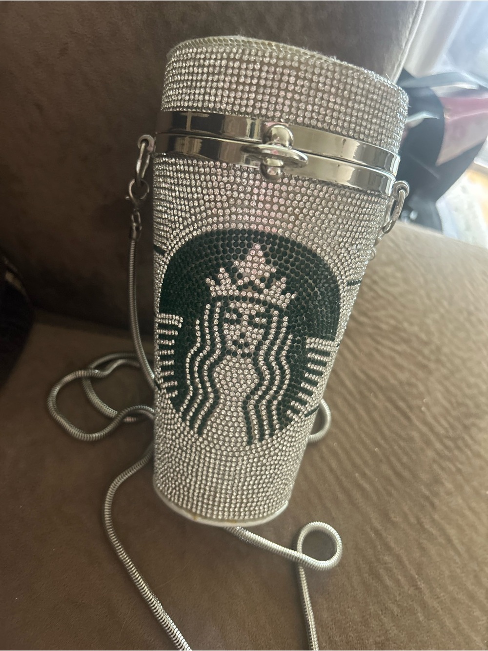 Starbucks Silver Crystal Tumbler Crossbody with Green Logo